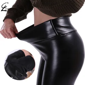 2021 CHRLEISURE  Women Leather Pants Warm Velvet Pant High Waist Sizes XS-5XL