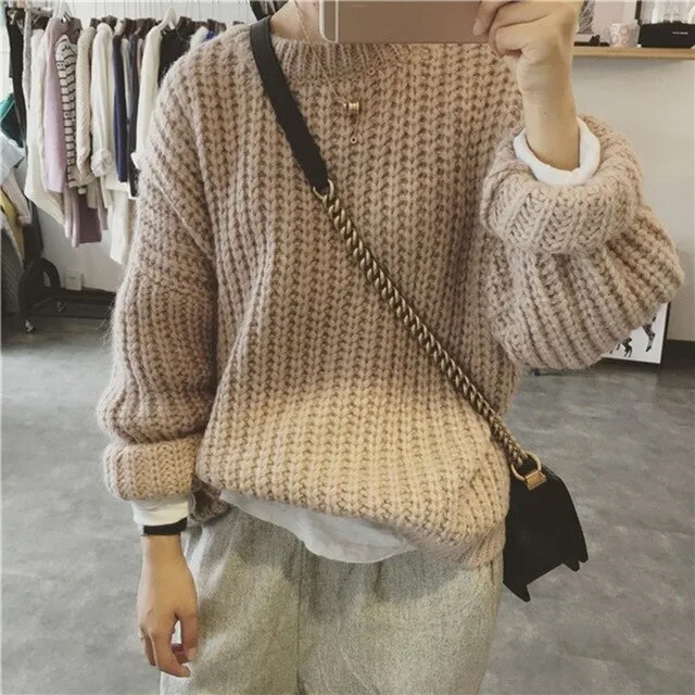 Autumn Winter Knitted Sweater Pull Femme Oversize Loose Long Sleeve Solid Color Long Warm Sweater Jumper For Women