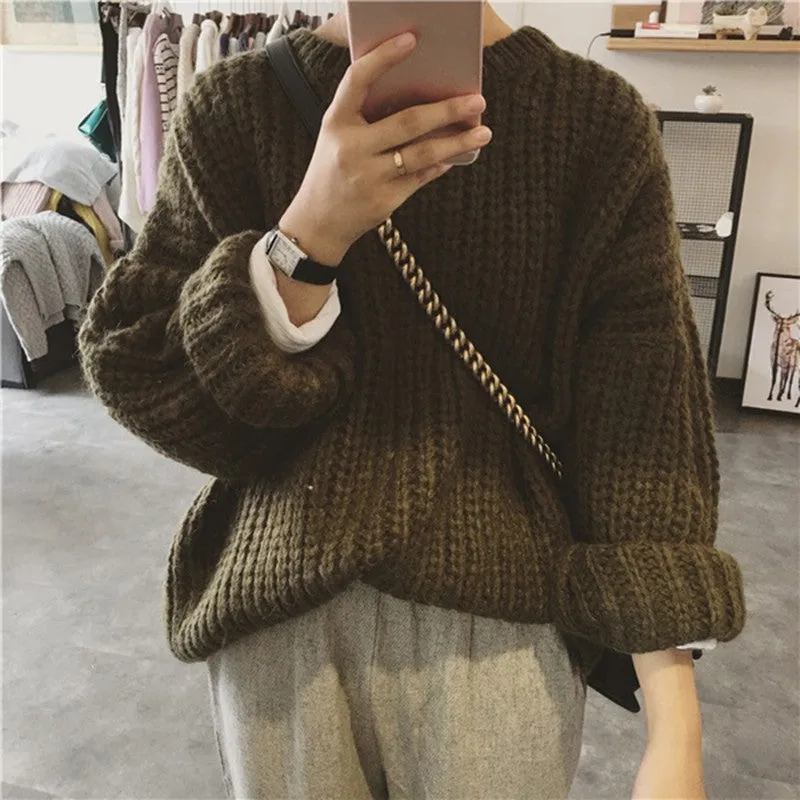 Autumn Winter Knitted Sweater Pull Femme Oversize Loose Long Sleeve Solid Color Long Warm Sweater Jumper For Women