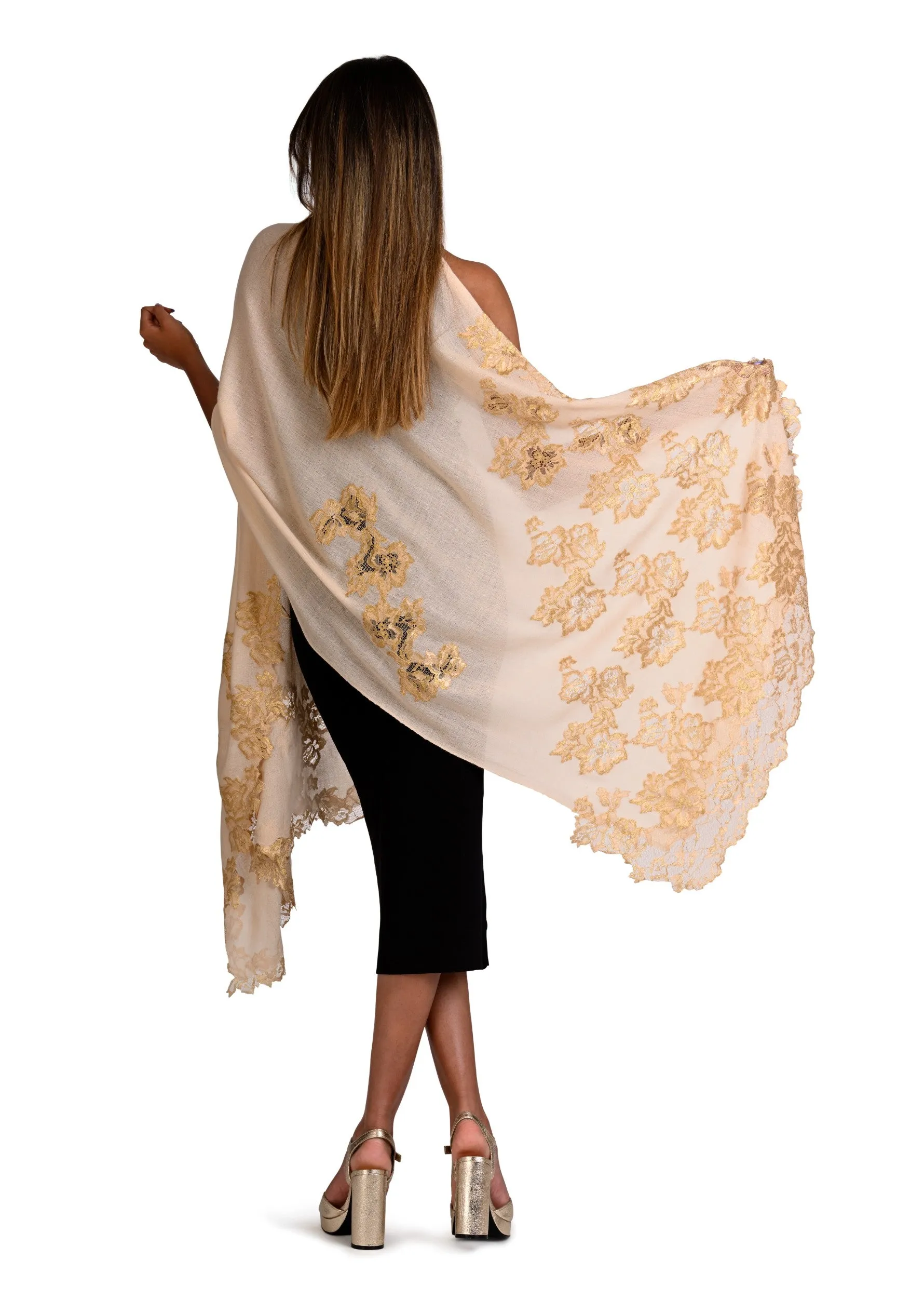 Beige Cashmere Scarf with Gold Chantilly Lace