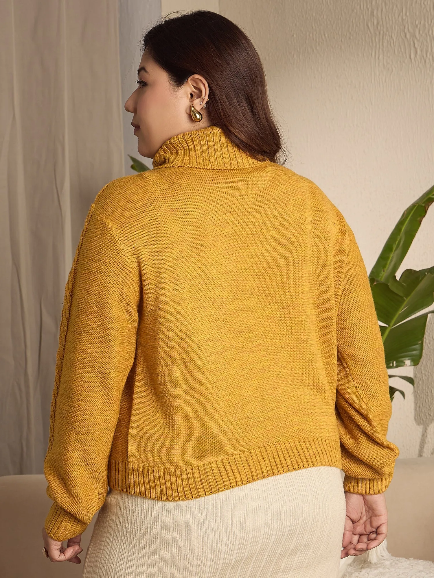 Berrylush Curve Women Solid Yellow Turtle Neck Acrylic Ribbed Hem Cable Knitted Regular Sweater