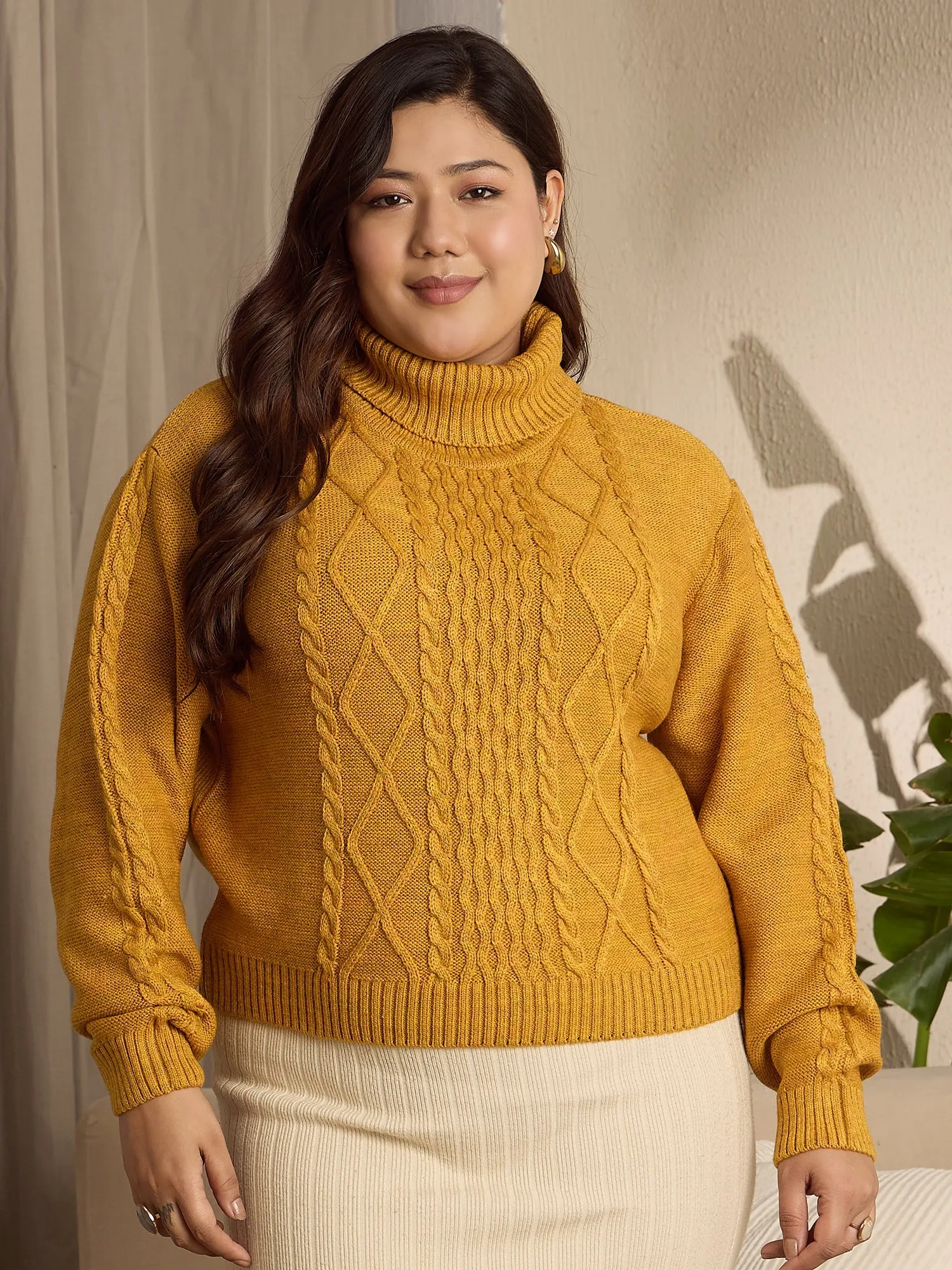 Berrylush Curve Women Solid Yellow Turtle Neck Acrylic Ribbed Hem Cable Knitted Regular Sweater