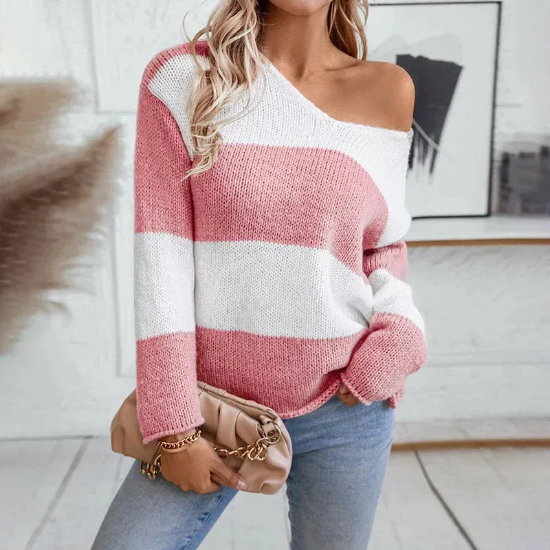 Bicolor Striped Off Shoulder Knit Sweater