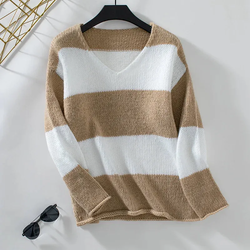 Bicolor Striped Off Shoulder Knit Sweater