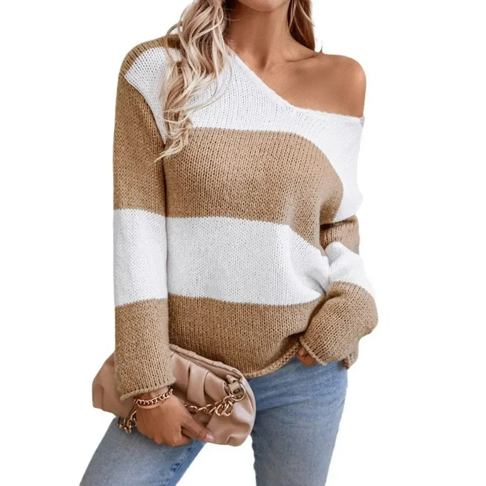 Bicolor Striped Off Shoulder Knit Sweater