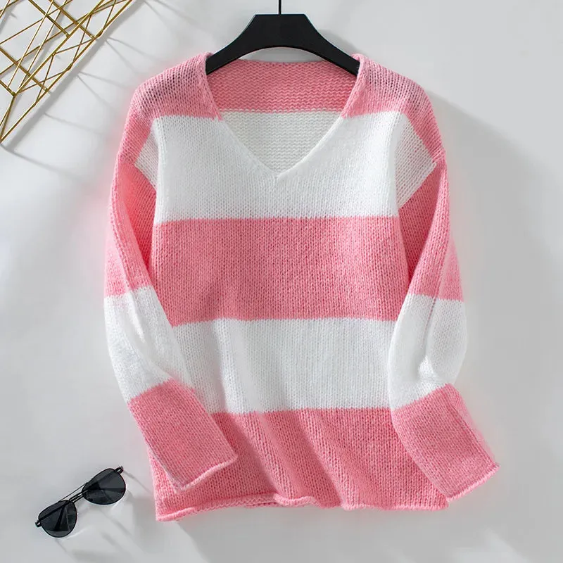 Bicolor Striped Off Shoulder Knit Sweater