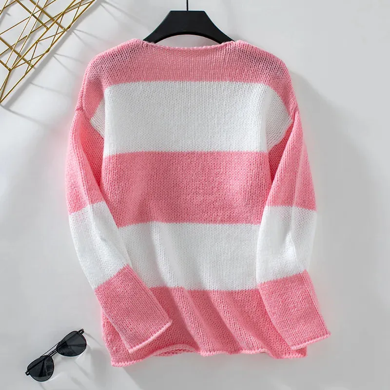 Bicolor Striped Off Shoulder Knit Sweater