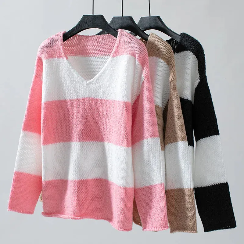 Bicolor Striped Off Shoulder Knit Sweater