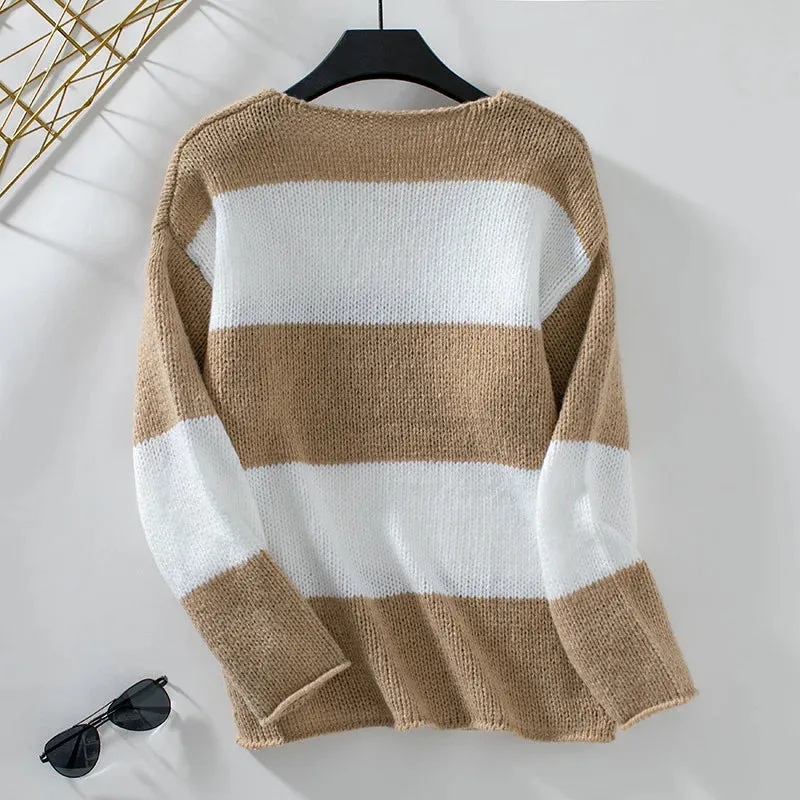 Bicolor Striped Off Shoulder Knit Sweater