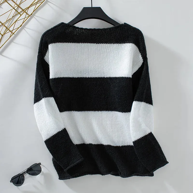 Bicolor Striped Off Shoulder Knit Sweater