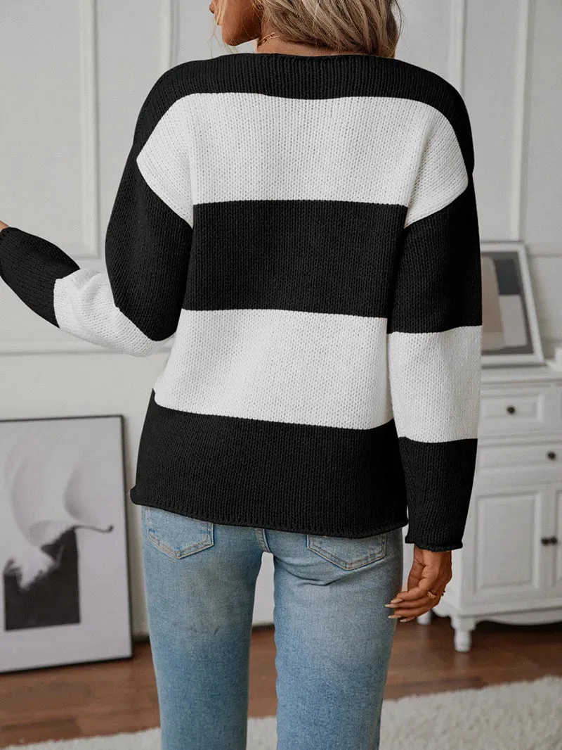 Bicolor Striped Off Shoulder Knit Sweater