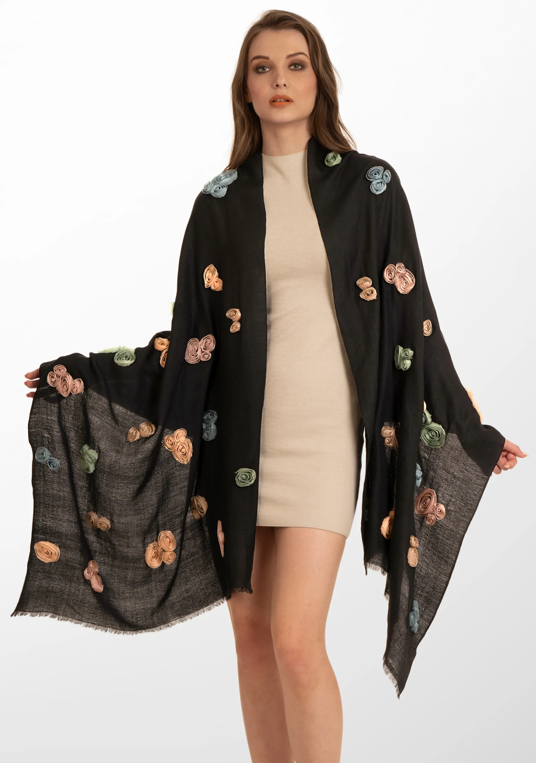 Black Cashmere Scarf with Multi Colored Ribbon Roses