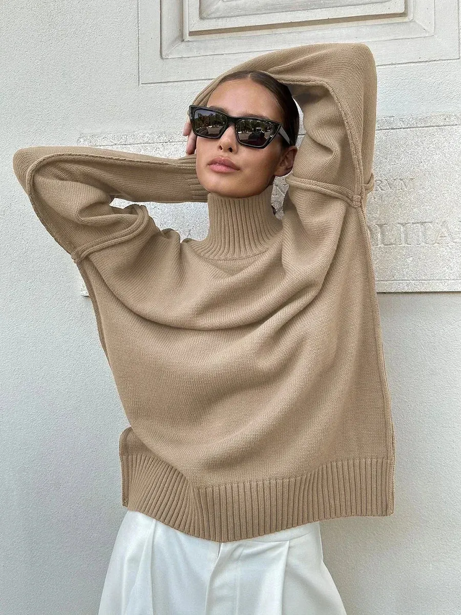 Bonnyshow Women's Solid Color Fashion Knitted Turtleneck Sweater Autumn Winter Thick Loose Casual Pullovers Female Warm Sweater