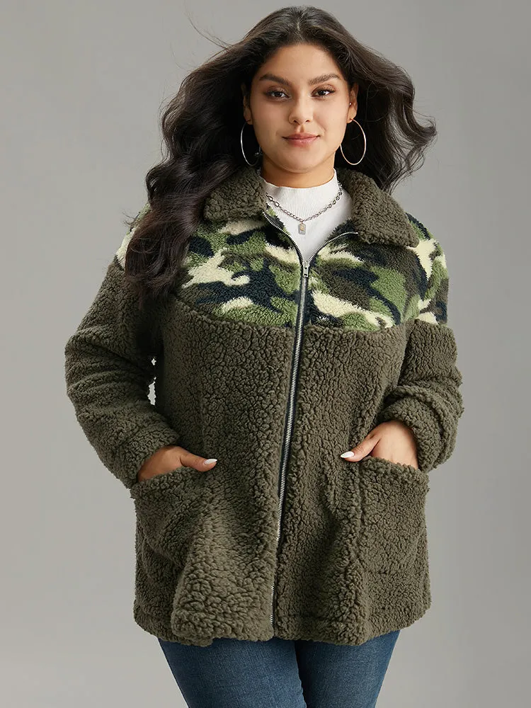 Camo Patchwork Zipper Pocket Teddy Jacket