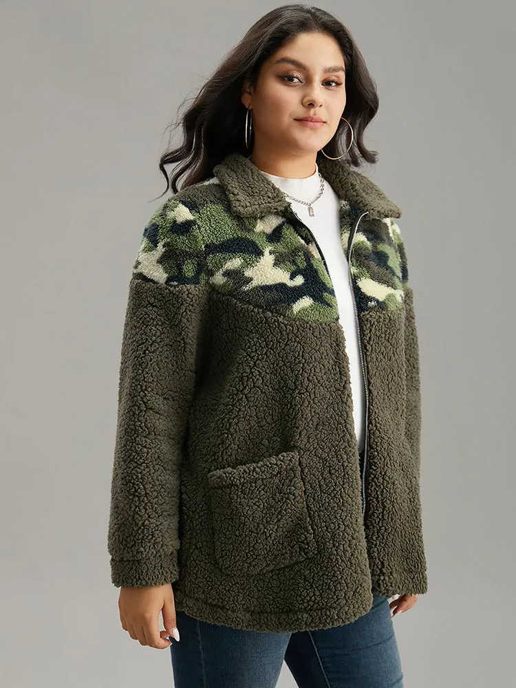 Camo Patchwork Zipper Pocket Teddy Jacket