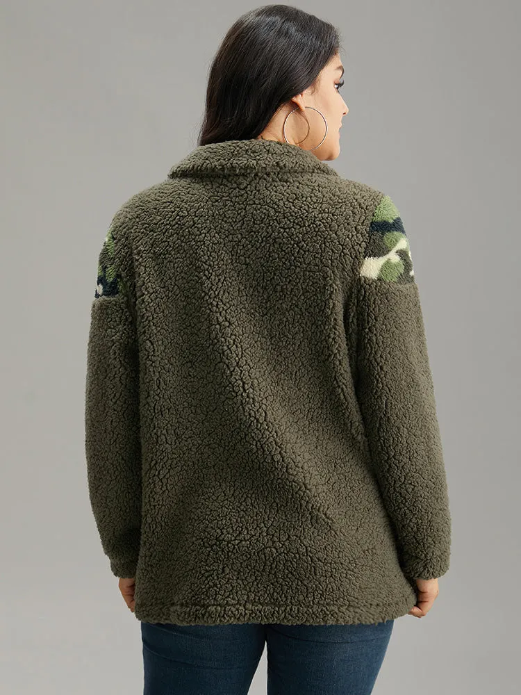 Camo Patchwork Zipper Pocket Teddy Jacket