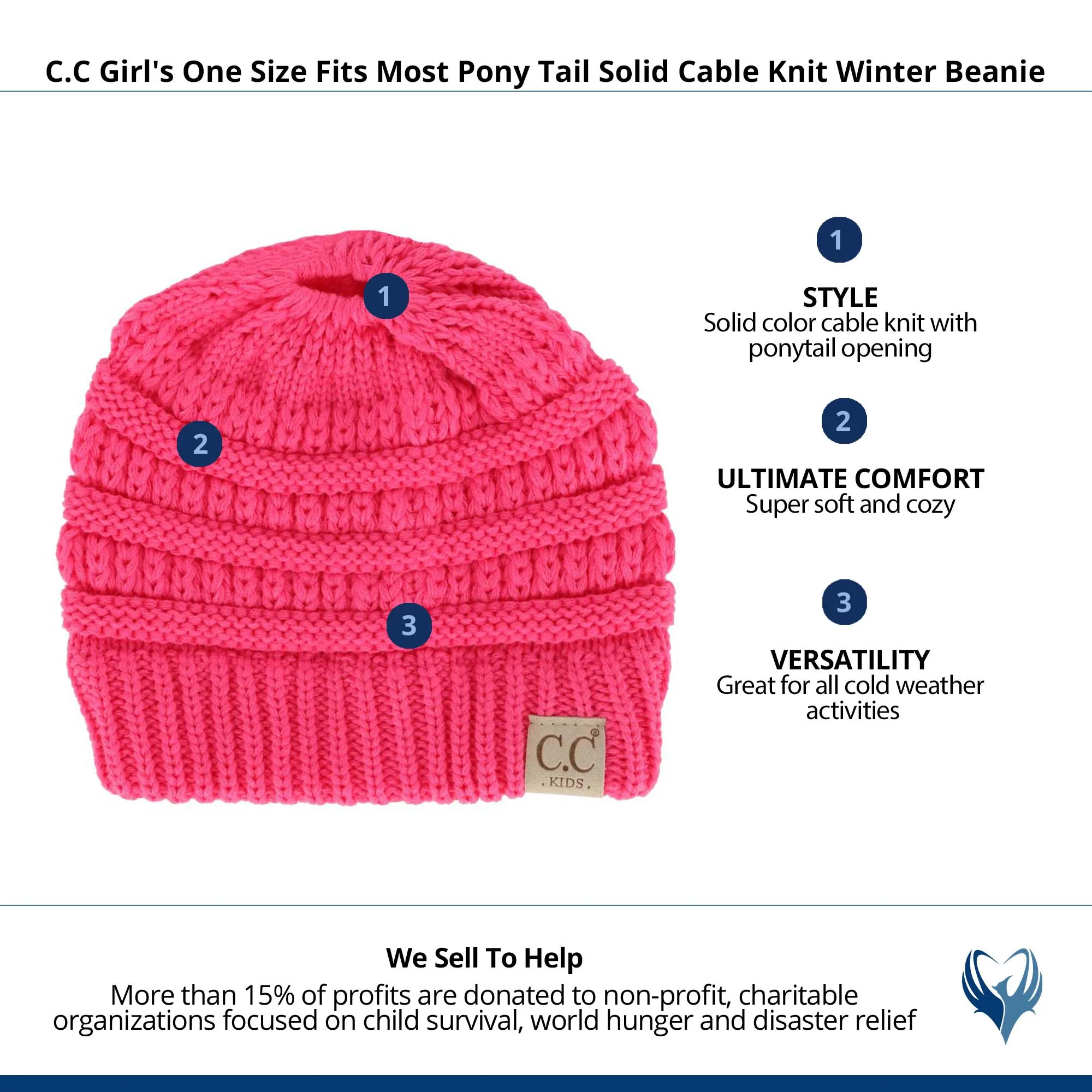 C.C Girl's One Size Fits Most Pony Tail Solid Cable Knit Winter Beanie