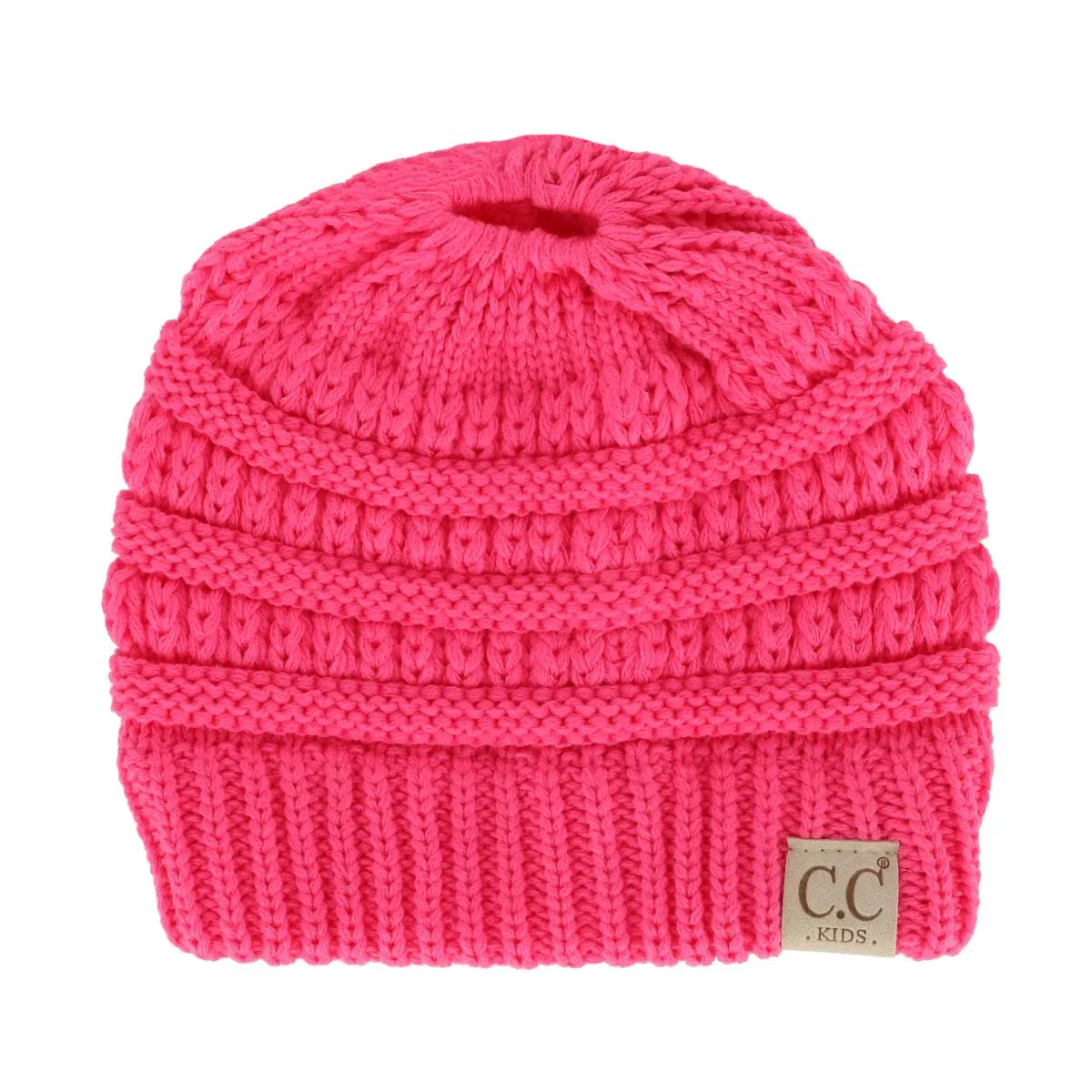 C.C Girl's One Size Fits Most Pony Tail Solid Cable Knit Winter Beanie