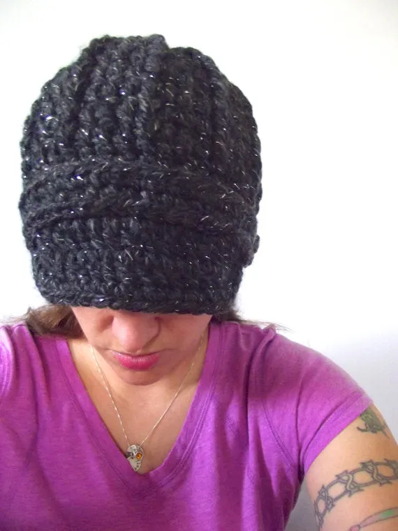 Charcoal sparkle buckle beanie winter hat