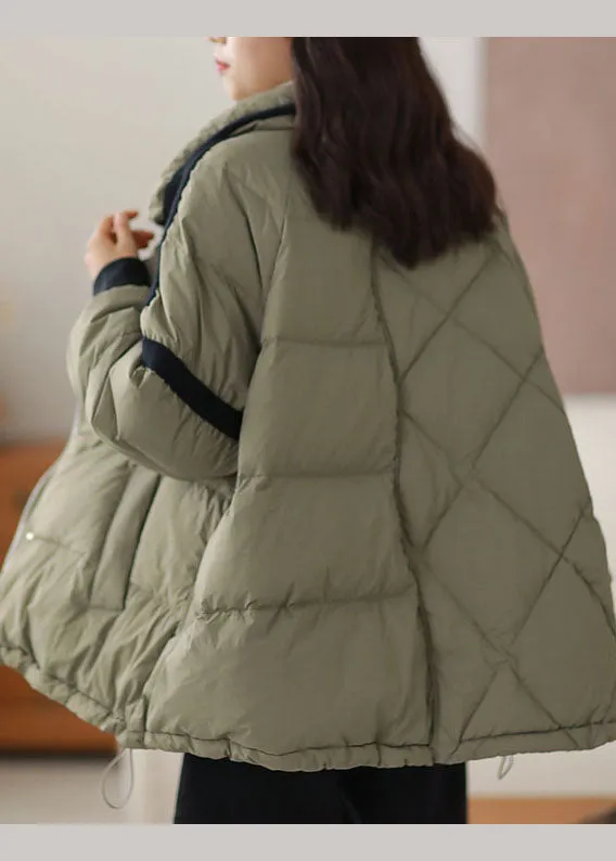 Chic Green Zip Up Patchwork Duck Down Puffer Jacket Winter