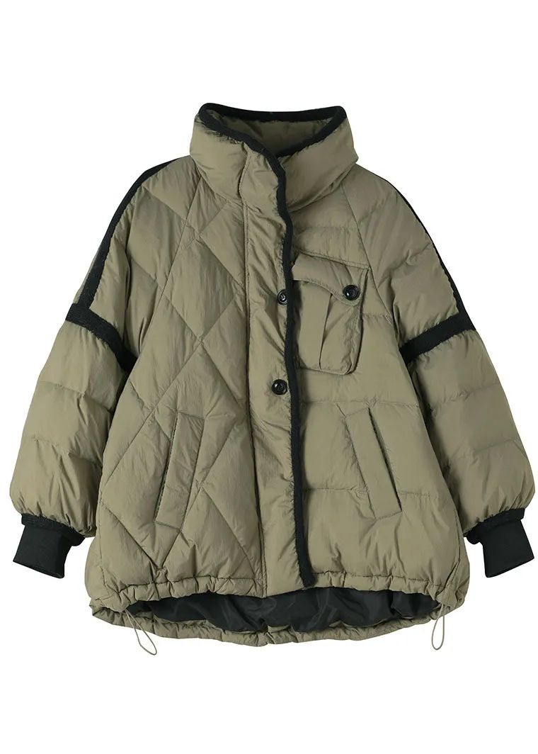 Chic Green Zip Up Patchwork Duck Down Puffer Jacket Winter