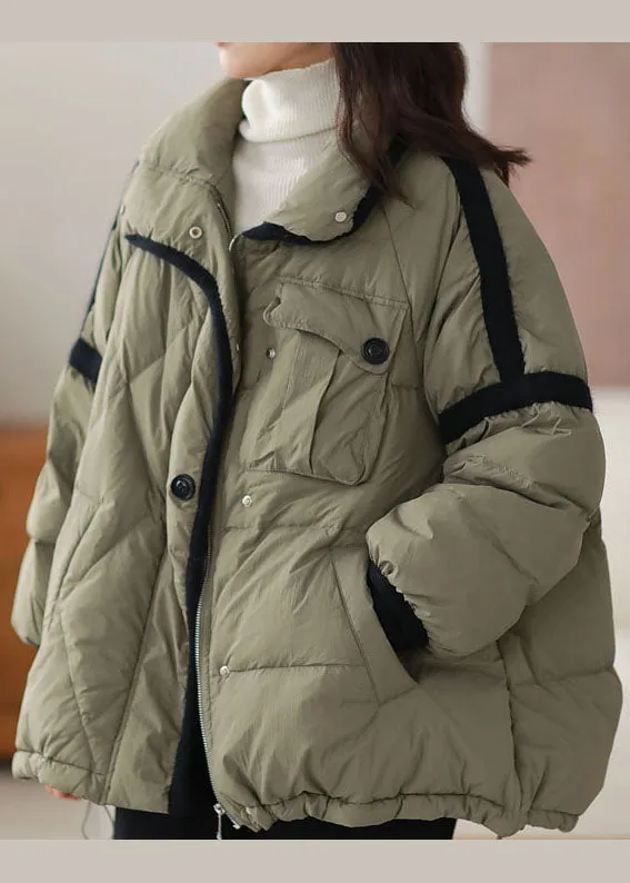 Chic Green Zip Up Patchwork Duck Down Puffer Jacket Winter