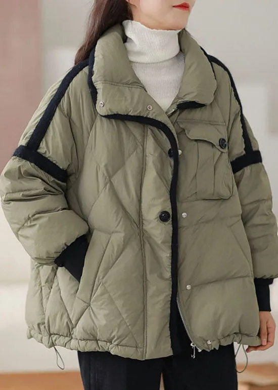 Chic Green Zip Up Patchwork Duck Down Puffer Jacket Winter