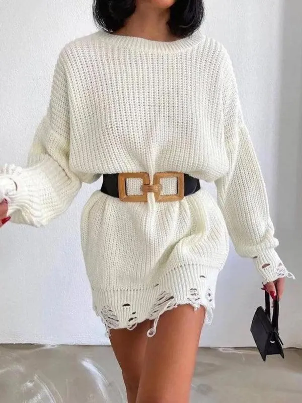 Chic Ripped Knit Sweater Dress with Cozy Comfort