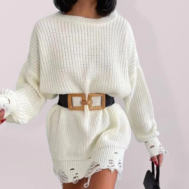 Chic Ripped Knit Sweater Dress with Cozy Comfort