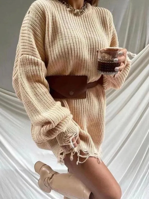 Chic Ripped Knit Sweater Dress with Cozy Comfort