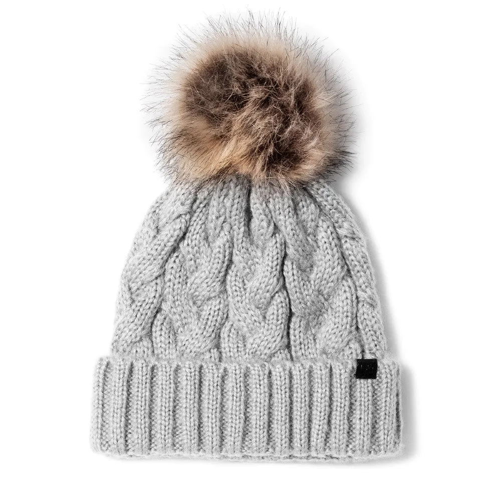 David and Young Womens Braided Knit Beanie With Faux Fur Pom