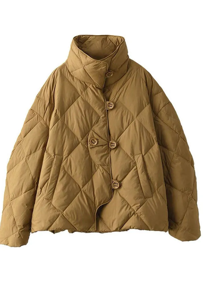 Elegant Khaki Stand Collar Oversized Button Duck Down Puffer Jacket Winter