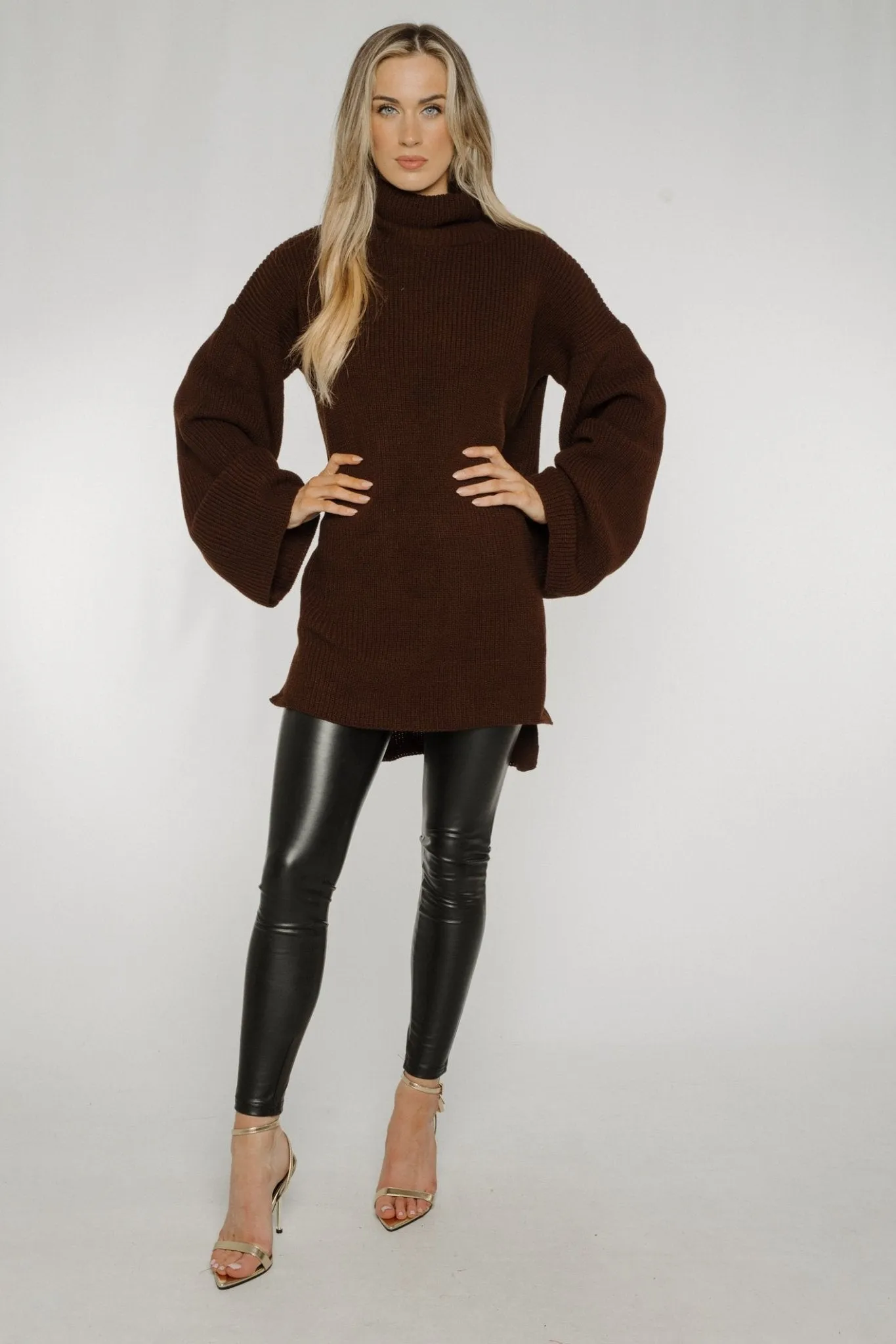 Ella Longline Polo Neck Jumper In Chocolate