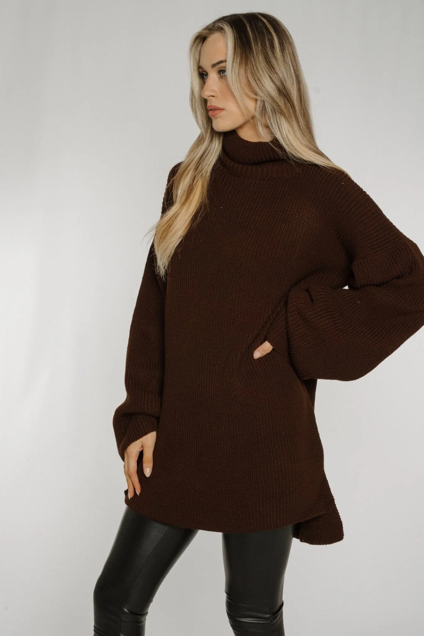 Ella Longline Polo Neck Jumper In Chocolate