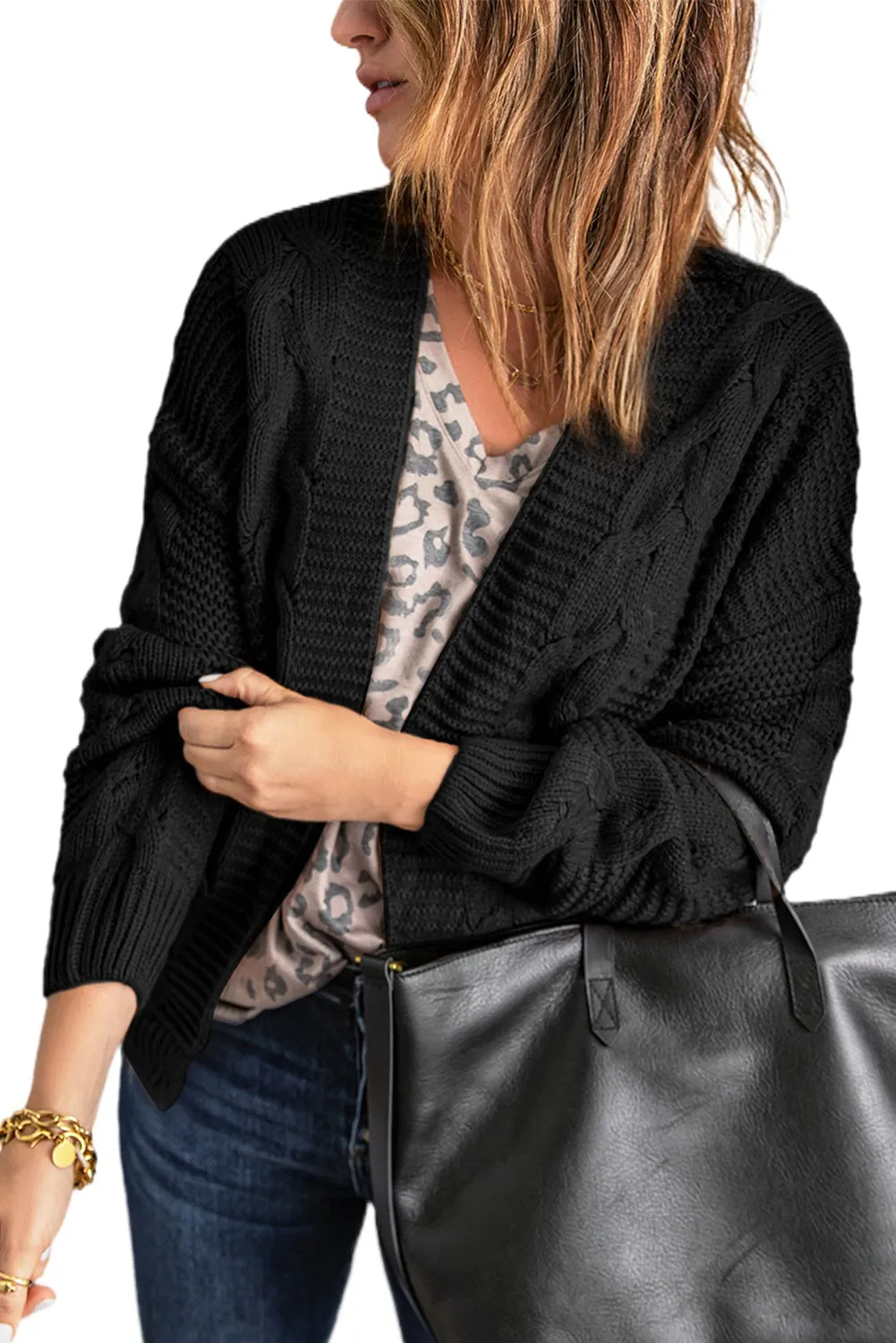 Fashion Black Chunky Wide Long Sleeve Knit Cardigan