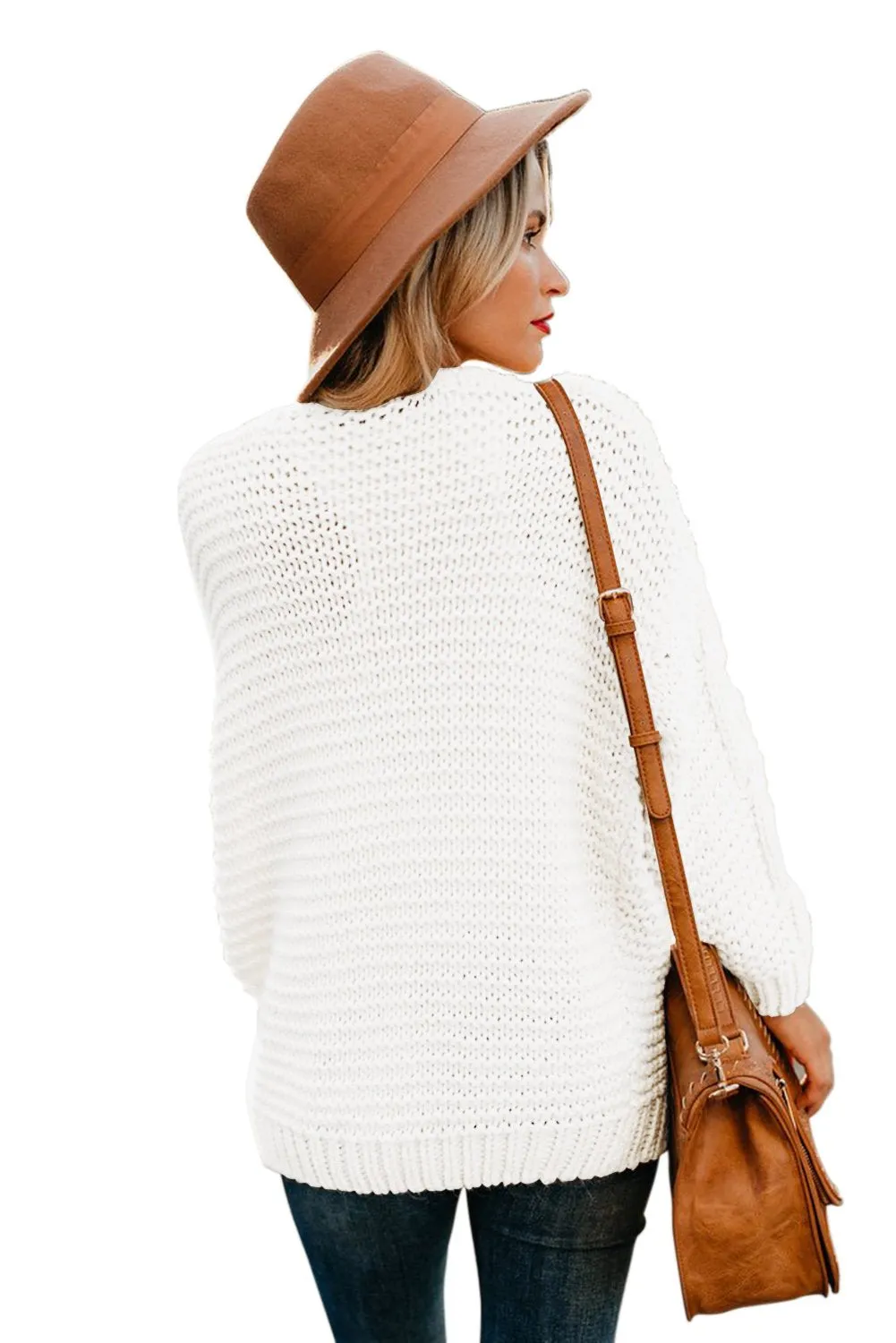 Fashion White Chunky Wide Long Sleeve Knit Cardigan