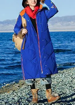 Fine Loose fitting winter jacket hooded Jackets blue side open zippered warm winter coat