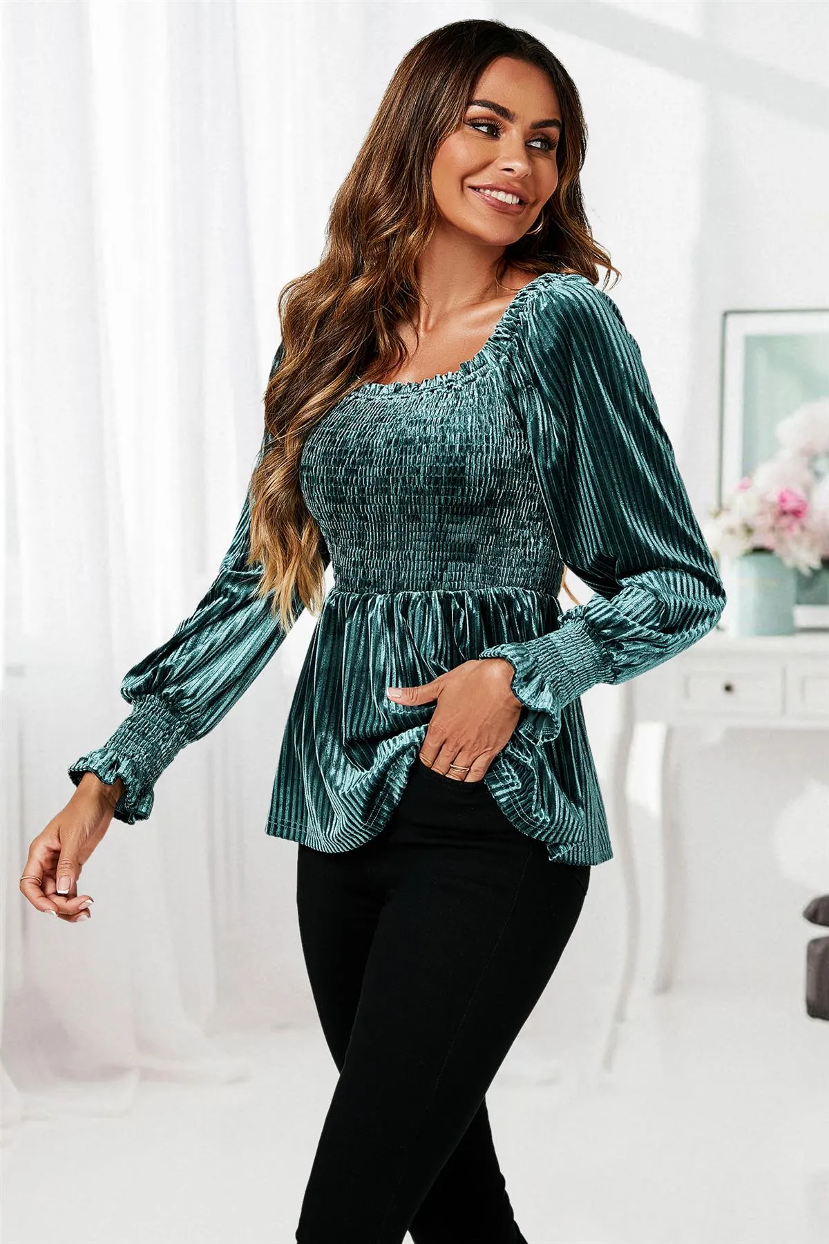 FS Collection Bardot Velvet Top In Green