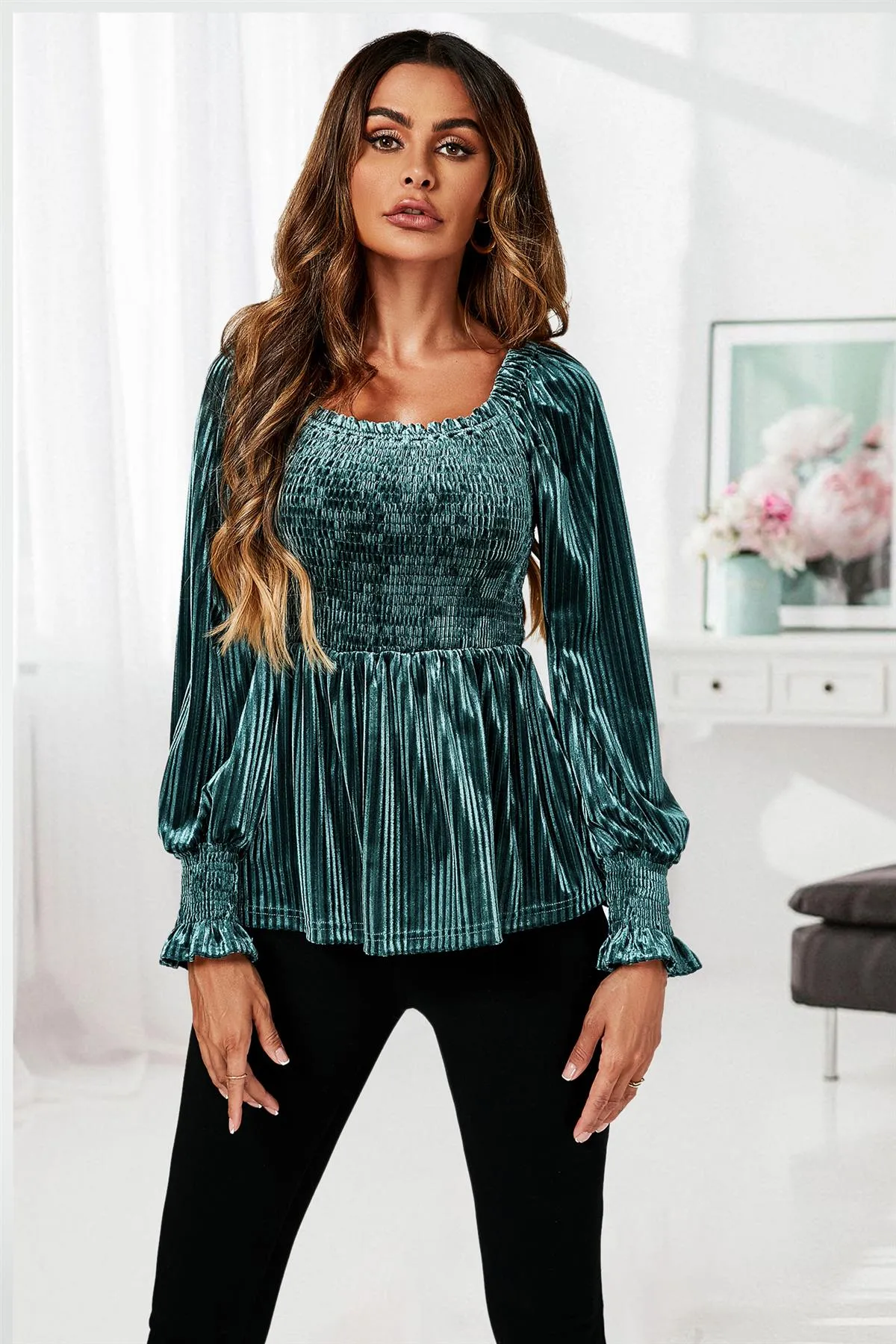 FS Collection Bardot Velvet Top In Green