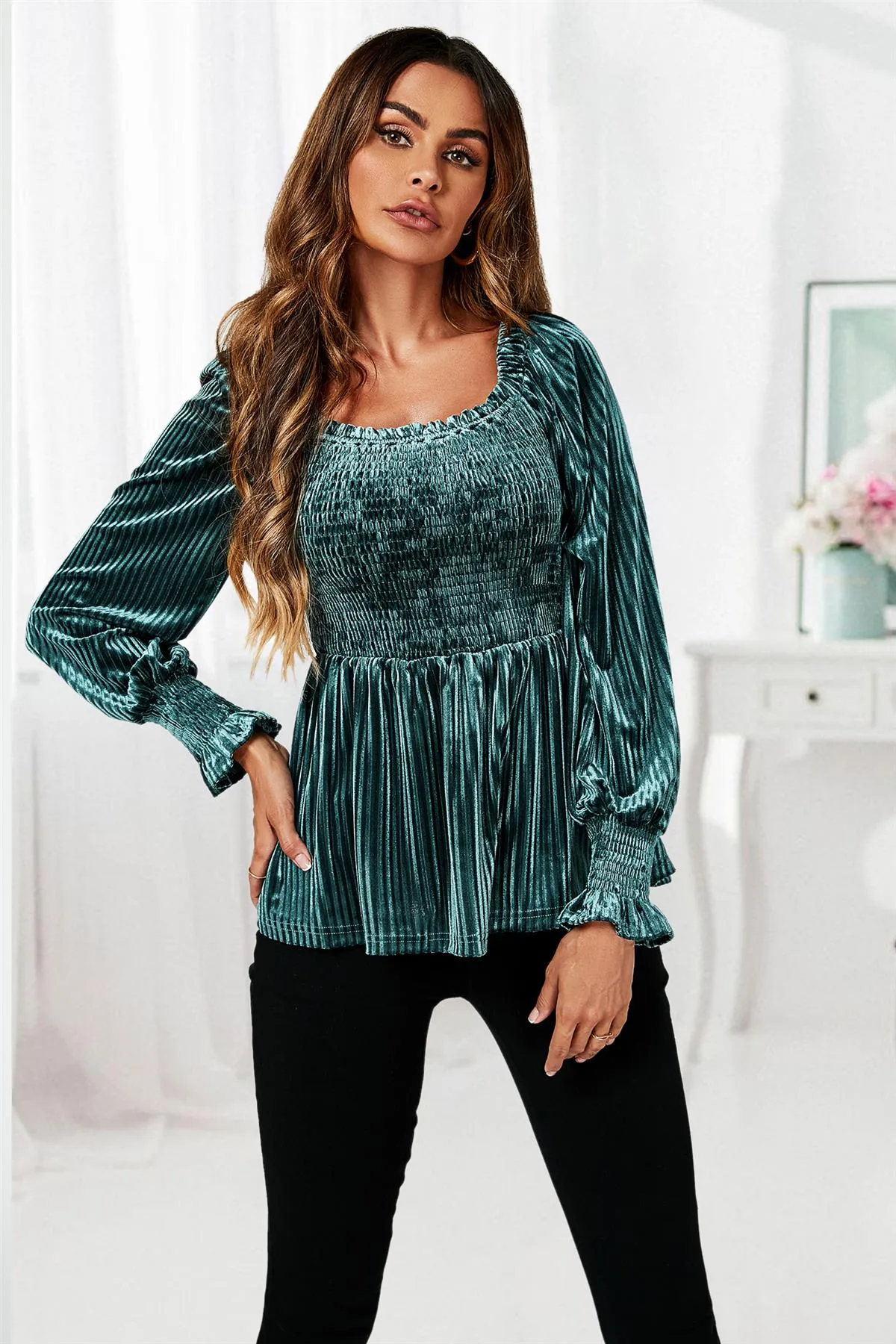 FS Collection Bardot Velvet Top In Green