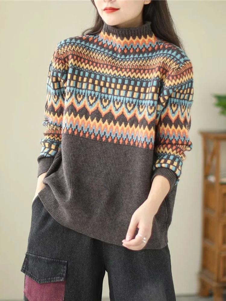 Geometric Print Turtleneck Sweater