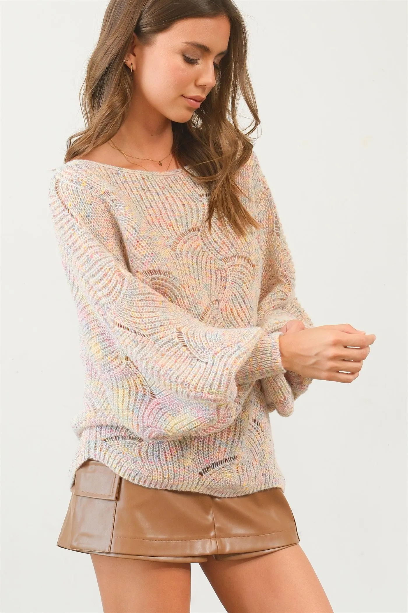 HF25A287-Pointelle Chunky Knit Sweater