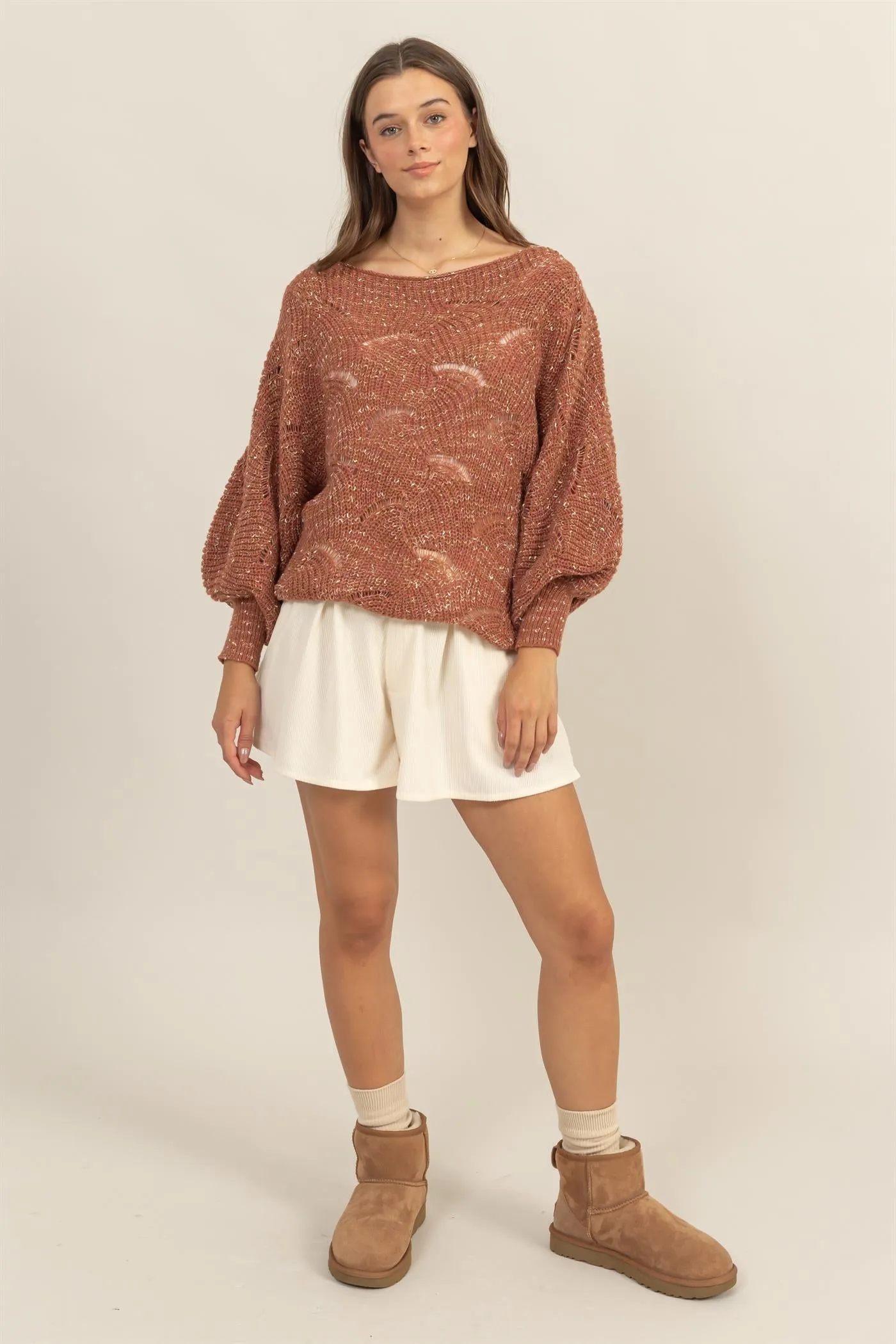 HF25A287-Pointelle Chunky Knit Sweater