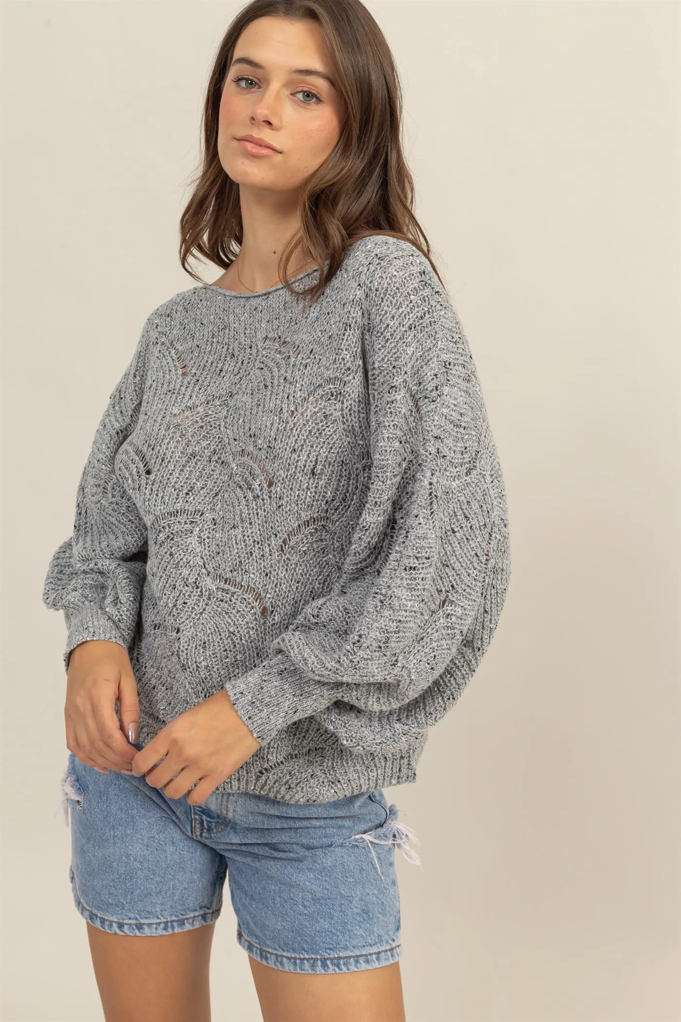 HF25A287-Pointelle Chunky Knit Sweater