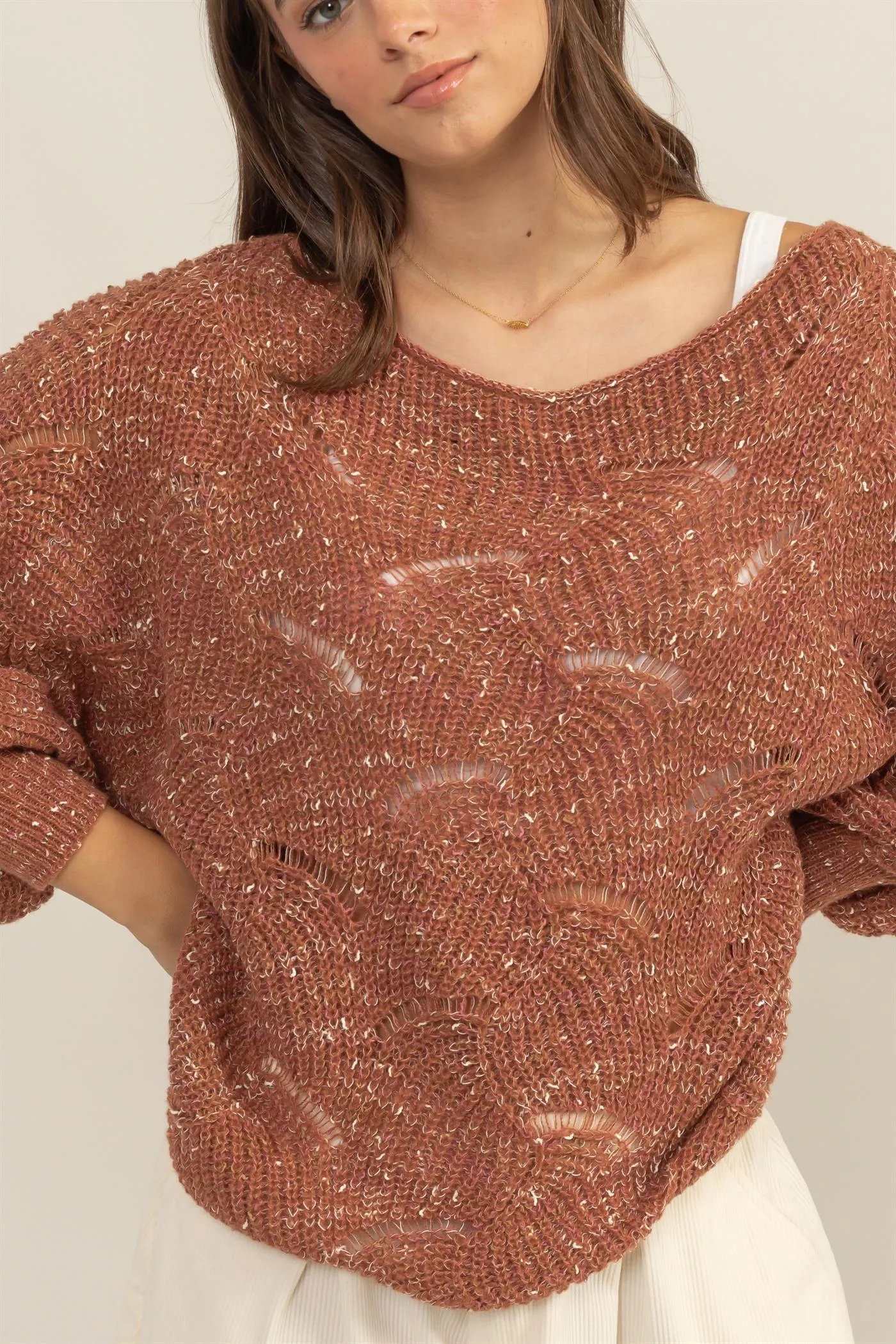 HF25A287-Pointelle Chunky Knit Sweater