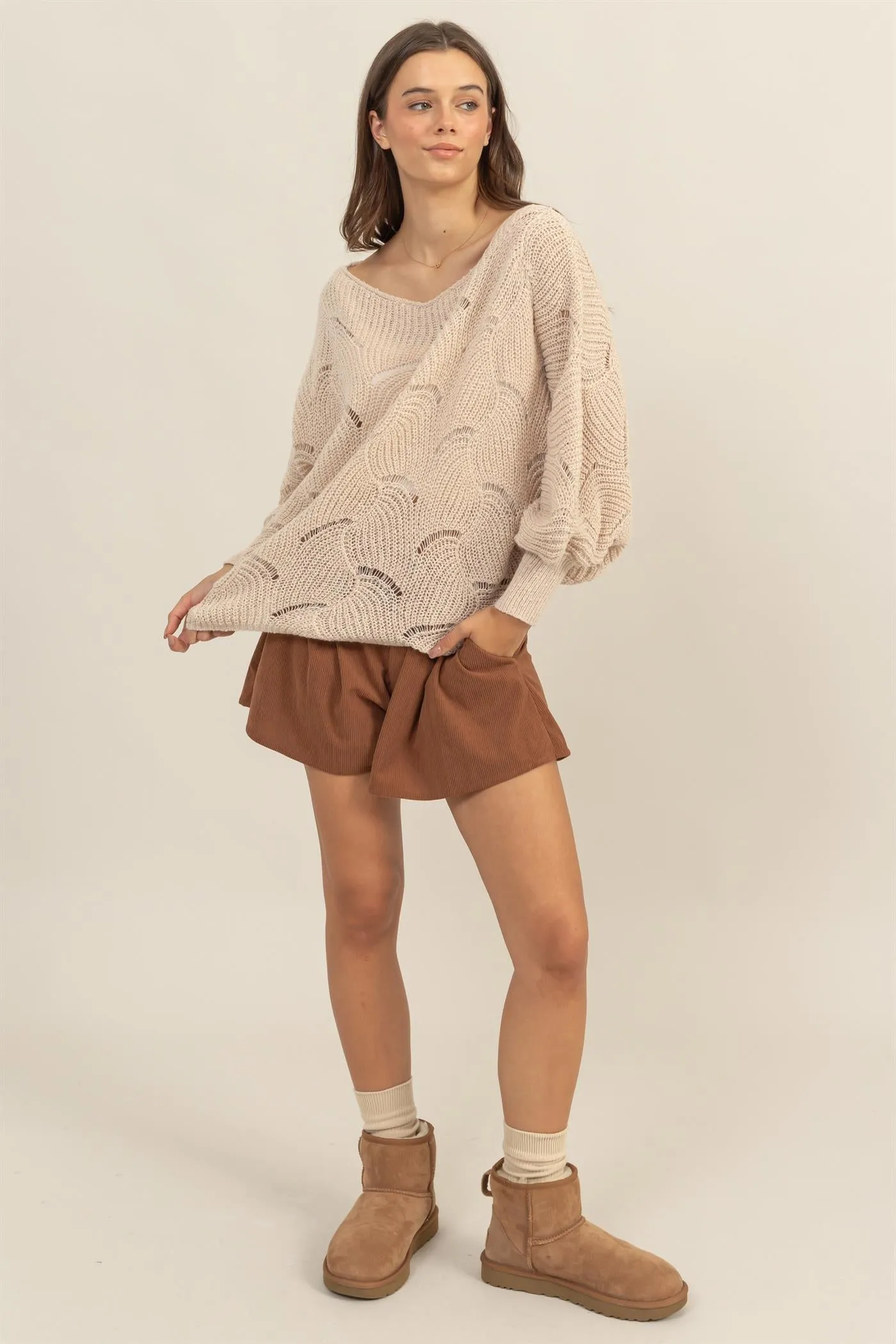 HF25A287-Pointelle Chunky Knit Sweater