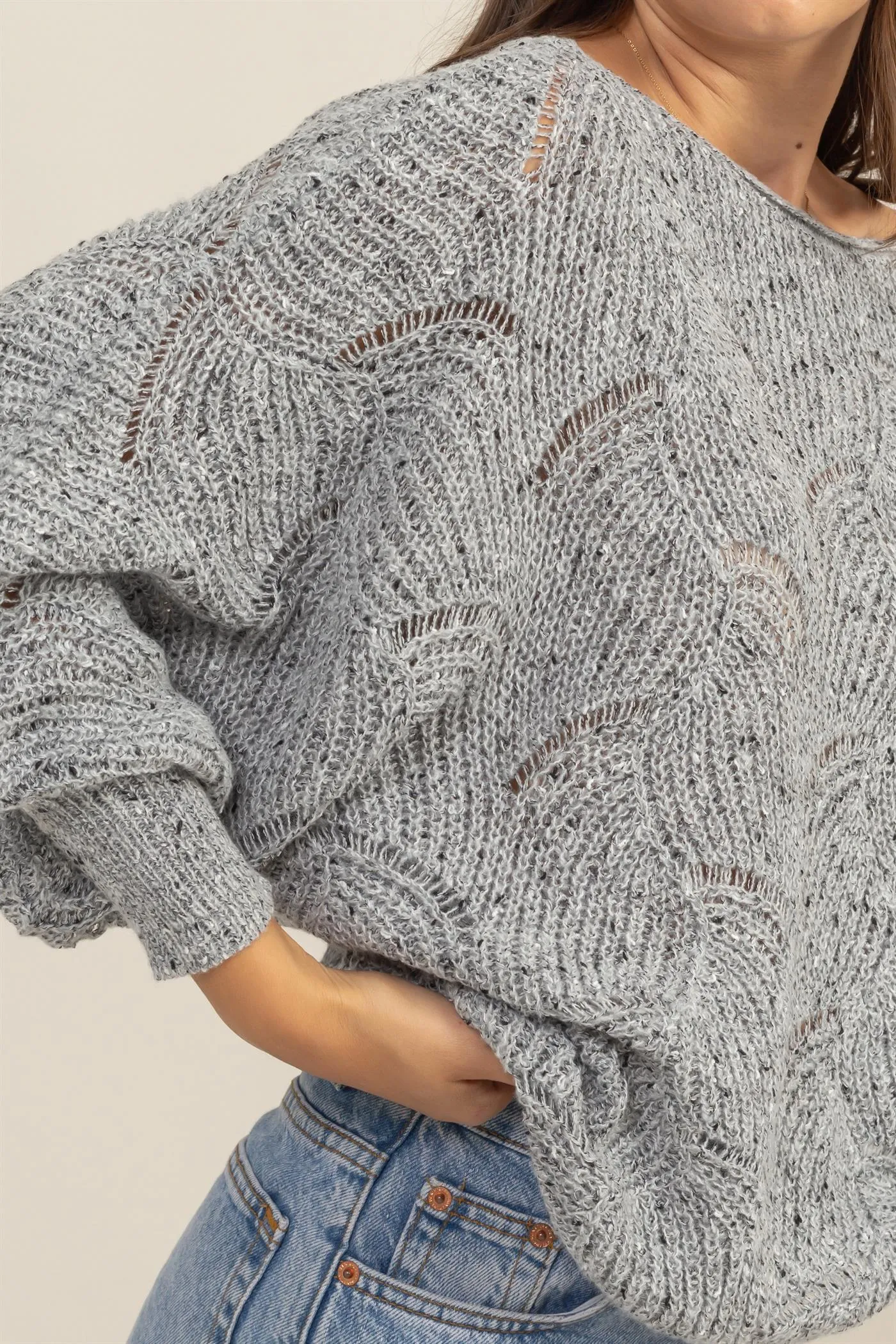 HF25A287-Pointelle Chunky Knit Sweater