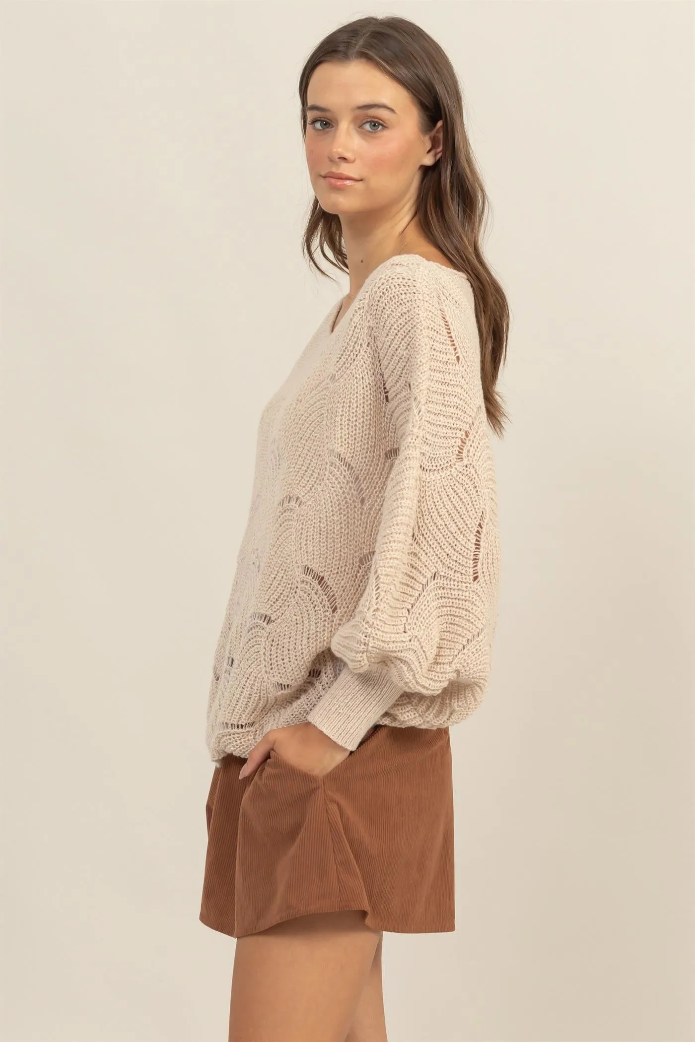 HF25A287-Pointelle Chunky Knit Sweater