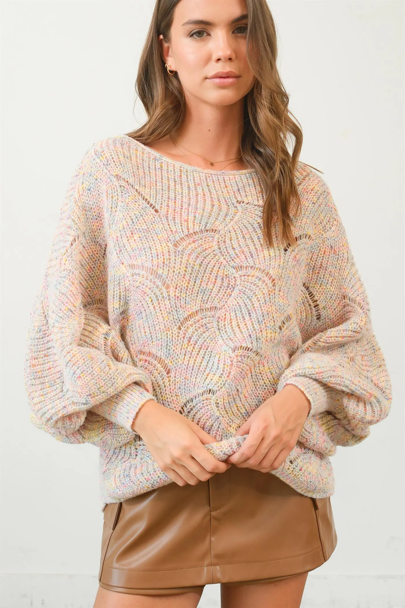 HF25A287-Pointelle Chunky Knit Sweater