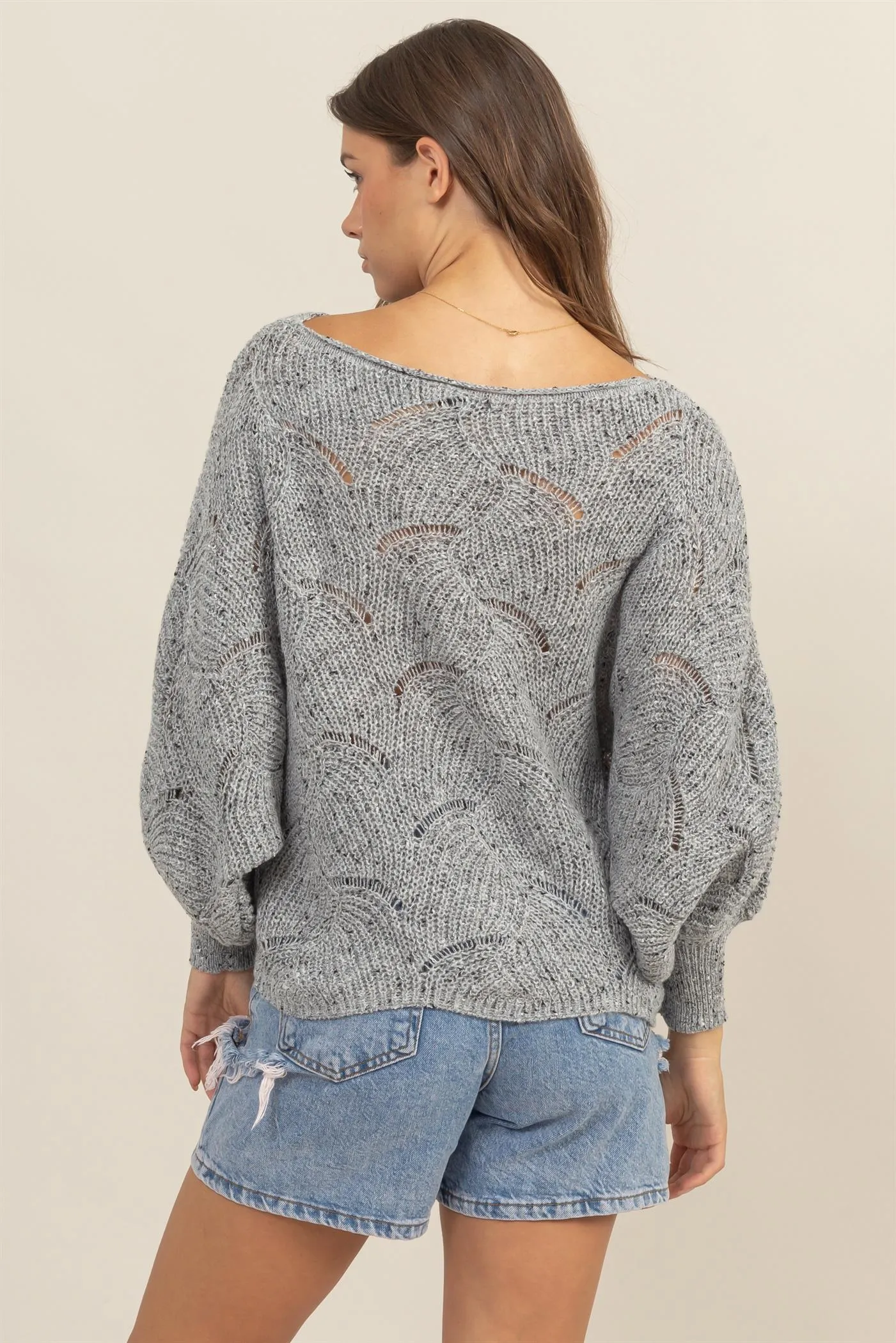 HF25A287-Pointelle Chunky Knit Sweater